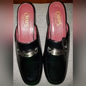 Chaps Black Leather Bernadette Slip On Mules   w/Block Heel Size 6.5